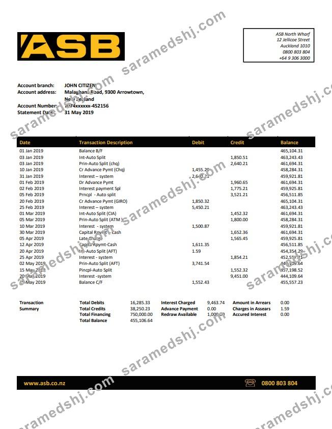 New Zealand ASB bank statement